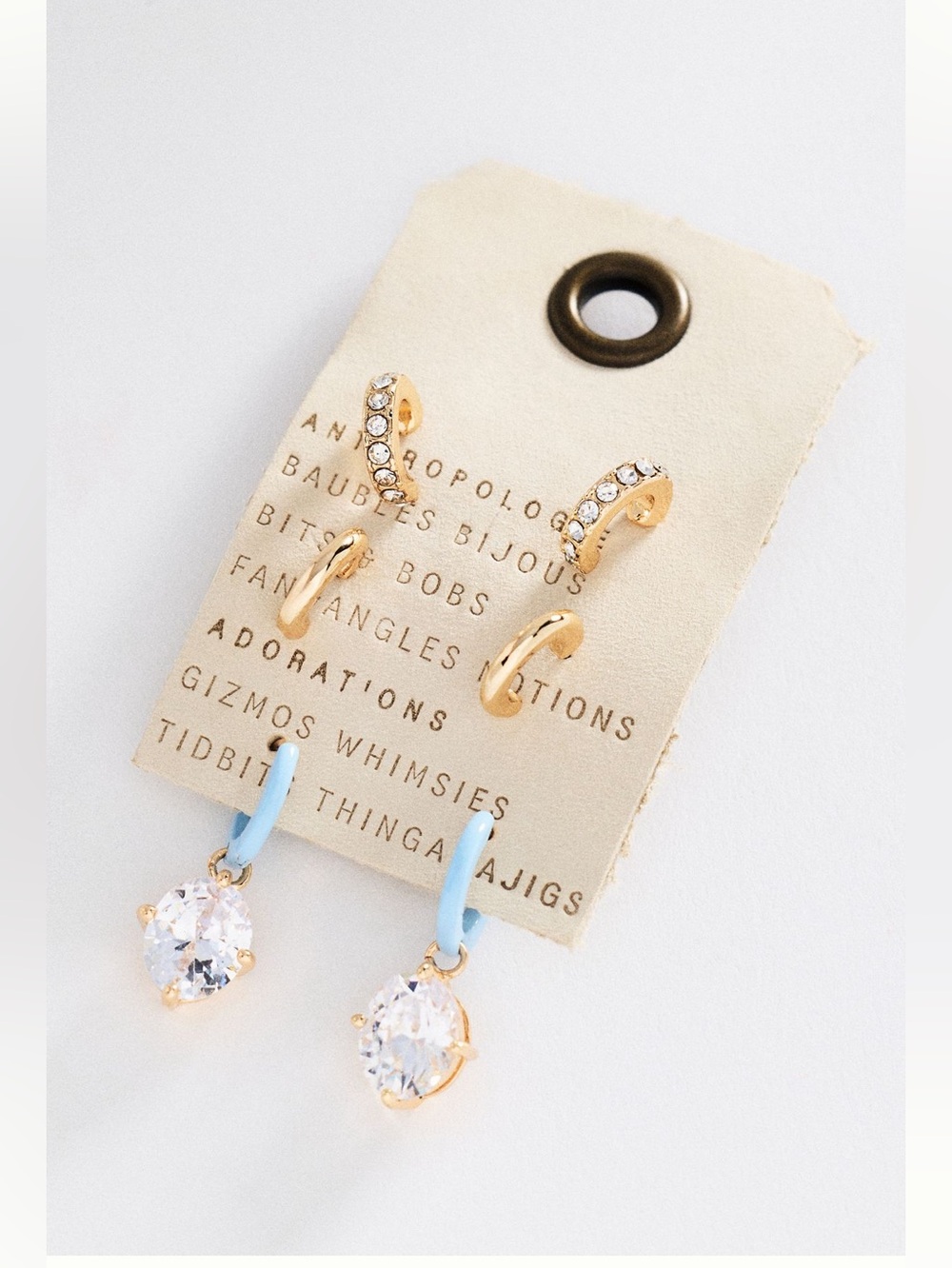 Anthropologie Hoop Earrings Gold Plated Droplet New Clear Stone Blue Enamel Set